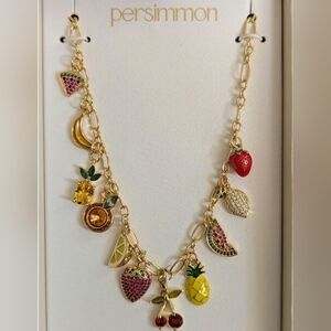 🍒🔹️ Persimmon🔹️ Gold Tone Charm 16" Necklace with Colorful Fruit Accents